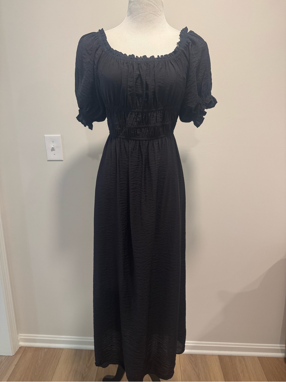 H&M Puff Sleeve Cinched Waist Black Silky Maxi Dress